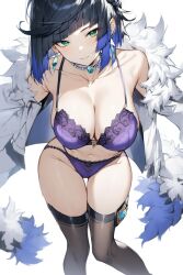 ai_generated artist_request bead_choker bob_cut bra breasts choker cleavage diagonal_bangs earrings female genshin_impact highres jacket jacket_on_shoulders lingerie navel non-web_source panties simple_background stomach tagme tassel_choker thighhighs underwear white_background yelan_(genshin_impact)