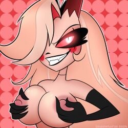 1girls 2024 artist_name artist_signature big_breasts black_gloves breast_grab breasts charlie_morningstar_(hazbin_hotel) demon demon_girl demon_horns elbow_gloves evil_smile female female_only gloves glowing_eyes grin hazbin_hotel horn large_breasts lewdwhorse long_hair looking_at_viewer nipples opera_gloves red_eyes solo touching_breast twitter_link vivienne_medrano