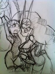 2girls arms_up breasts cerebella cleavage cropped_legs female feng_(skullgirls) futa_on_female futa_with_female futanari imminent_sex intersex large_breasts multiple_girls sketch skullgirls tagme traditional_media vice-versa