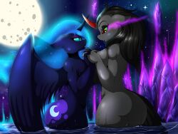 alicorn anthro ass blue_body blue_eyes blue_fur cutie_mark equid equine feathered_wings feathers friendship_is_magic green_sclera grey_body grey_fur hair hasbro horn king_sombra_(mlp) long_hair lumbra mammal mtf_crossgender my_little_pony nightmare_moon_(mlp) princess_luna_(mlp) red_eyes rule_63 slit_pupils smile suirano unicorn water wings