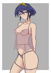 1girls alternate_hairstyle bare_midriff bare_shoulders bare_thighs blue_eyes blue_hair brand_of_the_exalt breasts collarbone female female_only fire_emblem fire_emblem_awakening grey_background hair_between_eyes in2naps lingerie looking_at_viewer lucina_(fire_emblem) marth_(fire_emblem_awakening) midriff nightgown nintendo nipples official_alternate_hairstyle panties pink_panties see-through shoulders simple_background small_breasts smile solo symbol-shaped_pupils thighs tiara underwear