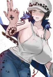 1girls arm_tattoo big_breasts black_hair blush breast_tattoo canon_genderswap chest_tattoo cleavage color female female_only finger_tattoo fully_clothed fur_collar genderswap_(mtf) hand_tattoo hat headwear huge_breasts jacket_on_shoulders jeans katana light-skinned_female moray_of_bone no_bra one_piece pale-skinned_female pale_skin rule_63 short_hair shoulder_tattoo shounen_jump sideboob solo sword tank_top tattoo tattooed_arm tattoos trafalgar_law trafalgar_law_(female) wet_body wet_clothes wet_skin