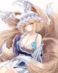 animal_ear_headwear blonde_hair blue_tabard blush breasts cleavage collarbone dress fake_animal_ears female fox_tail hat highres horny kitsune kyuubi lace lace-trimmed_dress lace-trimmed_headwear lace_trim large_breasts looking_at_viewer mob_cap multiple_tails ran_yakumo sarasadou_dan simple_background single_bare_shoulder solo tabard tail touhou white_background white_dress wide_sleeves yakumo_ran yellow_eyes