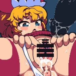 1boy absurdres after_sex after_vaginal anus bar_censor blank_censor blonde_hair blue_background blue_eyes blush censored commentary_request cookie_(touhou) cum cum_in_pussy erect_clitoris female highres medium_bangs open_mouth penis pussy shiriri_saikyo short_hair solo_focus spread_pussy sunny_milk tonchamon_san touhou