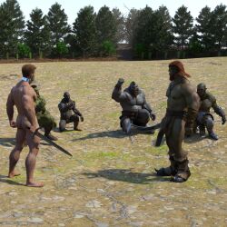 3d 3d_(artwork) 3d_model celebrating cmnm good_ending happy_ending hero heroic_fantasy heroic_nudity heroic_pose holding_weapon naked naked_male nude nude_male oc original original_characters outdoor_sex outdoors slave_collar victorious_hero victory wereorc_(artist)