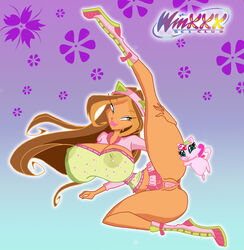 1girls 4kids_entertainment animal ass big_breasts breasts brown_hair busty cat_ears cleavage color dark_skin dk eyeshadow flora_(winx_club) green_eyes headgear high_heels huge_breasts human leg_up lipstick long_hair makeup nickelodeon rainbow_(animation_studio) riffsandskulls see-through_panties smile smiling tagme teenager thick_thighs thin_waist voluptuous wasp_waist winx_club xtang