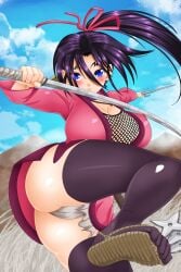 action_pose ass_exposed ass_focus big_ass big_breasts big_butt black_hair blue_eyes blush breasts butt_exposed erect_nipples facu10mag female female_only fishnet_shirt hair_ribbon history's_strongest_disciple_kenichi karate_gi katana leggings light-skinned_female light_skin looking_at_viewer neutral_expression ponytail sai_(weapon) sandals shigure_kousaka shijou_saikyou_no_deshi_ken'ichi shuriken solo_female sword waraji weapons