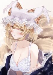 absurdres animal_ears blonde_hair blush bra breasts cleavage closed_mouth collarbone female fox_ears fox_tail hat highres horny large_breasts looking_at_viewer mob_cap multiple_tails ran_yakumo sarasadou_dan short_hair solo tagme tail touhou underwear upper_body white_bra white_headwear yakumo_ran yellow_eyes