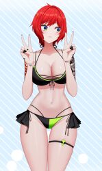 big_breasts blush breasts elly_(vtuber) green_eyes peace_sign red_hair short_hair swimsuit tattoo tattoos thick_thighs thighs virtual_youtuber