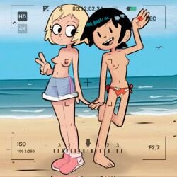 2girls alwer arm_up asian beach black_eyes black_hair blonde_hair breasts camera camera_view chinese female female_only knives_chau lisa_miller partially_clothed peace_sign scott_pilgrim seaside short_hair small_breasts swimsuit