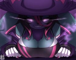 anthro big_breasts black_hair breasts clothing fangs feline fur furry huge_breasts katress looking_at_viewer multicolored_hair pal_(species) palworld pink_eyes pink_hair seductive seductive_look seductive_smile sk3tchk4t smile smiling smiling_at_viewer tagme