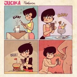 1boy 1girls albo blush burger coffee coffee_cup dark_hair english_text eyeshadow fancomic female ice_cream jucika male mobile_phone nude_female nude_male phone table text tongue tongue_out