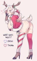 1girls antlers ass bell bell_collar black_bra blue_eyes blush bra breasts capelet collar female genderswap_(mtf) gloves high_heels huge_breasts identity_v joseph_desaulniers light-skinned_female light_skin long_hair looking_at_viewer meme reindeer_antlers solo striped_legwear tail text thighhighs thong twitter_strip_game_(meme) vip_komilk white_hair