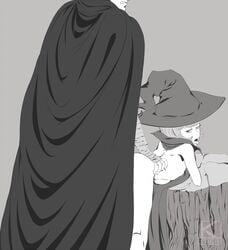 1boy 1girls age_difference aged_up ass berserk bob_cut breasts cape female from_behind greyscale guts_(berserk) hat human kyder male monochrome nude schierke sex short_hair straight witch