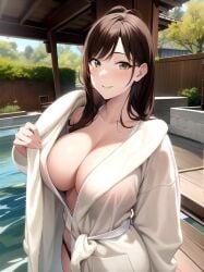 1girls ai_generated ai_mirror bath_robe bikini_bottom blush brown_bikini_bottom brown_hair bushes chair fence green_eyes long_hair looking_at_viewer medium_breasts no_bra pool poolside pulling_clothing seductive smile trees white_skin wooden_ceiling wooden_chair wooden_fence