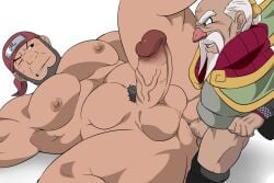 anal anal_sex balls bara beard blush boner clothing ducka-98 erection facial_hair gay headband kitsuchi male male_only muscles muscular naruto nude one_eye_closed onoki penis sex size_difference