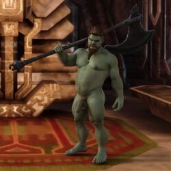 1boy 1male 1orc 3d 3d_(artwork) 3d_model dad_bod dwarf flaccid flaccid_cock flaccid_penis ginger ginger_hair green_body green_skin holding_weapon indoor_nudity indoors looking_at_viewer male male_focus male_only masculine muscular muscular_male oc orc orc_male original original_character solo solo_focus solo_male uncut uncut_penis wereorc_(artist)