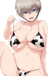 1girls bikini blue_eyes breasts cow_print cow_print_bikini female grey_hair hi_res huge_breasts light-skinned_female light_skin massive_breasts naughty_face short_hair thick_thighs thighs tsukasawa_takamatsu uzaki-chan_wa_asobitai! uzaki_hana voluptuous wide_hips