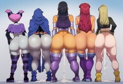 5girls after_sex ai_generated alien alien_girl ass barely_visible_genitalia big_ass big_butt blackfire blonde_hair bottom_heavy bottomless cum cum_in_pussy dc dc_comics demon demon_girl duo female grey_body grey_skin half_demon jinx_(dc) leotard lineup mullon multiple_girls novelai orange_body orange_skin raven_(dc) sisters solo starfire superheroine tamaranean teen_titans terra_(dc) thick_thighs