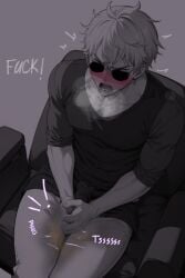 ai_generated blush dave_strider embarrassed homestuck male male_only peeing pissing_pants solo_male sunglasses white_hair