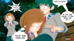 1boy 1boy1girl 2girls 3d accidental_cheating bench blowjob blush blush_lines boku_no_hero_academia brown_eyes brown_hair caught caught_in_the_act cucked_by_villain fellatio female green_eyes green_hair himiko_toga izuku_midoriya male male/female medium_hair medium_penis messy_hair my_hero_academia ochako_uraraka oral oral_sex penis penis_in_mouth school_uniform shapeshifter u.a._school_uniform vhsephi yellow_eyes