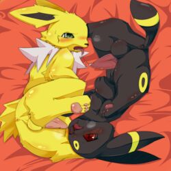 balls black_fur color eeveelution feral fur furry interspecies jolteon male male_only multiple_males nintendo no_humans nudity okunawa penis pokemon pokemon_(species) umbreon white_fur yaoi yellow_fur