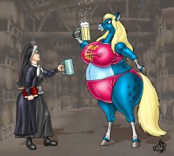 2019 anthro ass_bigger_than_head beer big_ass big_belly big_breasts blue_pony breasts_bigger_than_head carrie_nation colored female fuusenroba horse inflation nun tagme