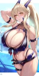 1girls artoria_pendragon artoria_pendragon_(lancer_alter) bikini blonde_hair blush breasts cleavage clothing eyebrows_visible_through_hair fate/grand_order fate_(series) female high_resolution hirasawa_seiji huge_breasts large_filesize long_hair one_arm_up solo swimsuit tied_hair very_high_resolution wet yellow_eyes