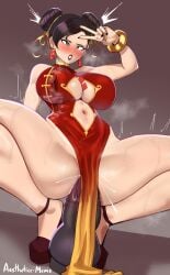 1girls aestheticc-meme breasts brown_hair capcom china_dress chun-li dildo dildo_sitting dragon_dildo dress female female_masturbation hi_res huge_breasts light-skinned_female light_skin masturbation pelvic_curtain sex_toy short_hair solo spread_legs squatting street_fighter street_fighter_6 thick_thighs twin_buns v vaginal_insertion