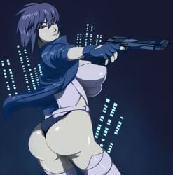 ass breasts commentary_request cyberpunk female ghost_in_the_shell gun handgun jacket kusanagi_motoko large_breasts leotard light_smile otogi_tetsurou photoshop_(medium) purple_hair red_eyes science_fiction short_hair solo thighhighs weapon