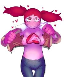 flashing flashing_breasts gem gem_(species) heart heart_eyes heart_gem hearts_around_head nipples pink_hair pink_skin spinel spinel_(steven_universe) steven_universe sweat sweating unknown_artist vest