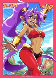 blue_eyes bracers datskelebutt earrings female_only gold_bracers gold_earrings gold_jewelry half-genie long_hair looking_at_viewer pointy_ears ponytail purple_hair shantae shantae_(character) solo stupiddead_skullhead