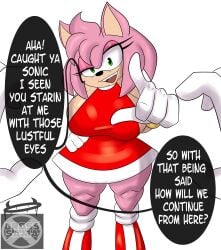 1boy 1girls amy_rose anthro big_breasts boots breasts clothing cross_samax dialogue dress female hedgehog male male_pov pink_hair pink_skin pointing pov sonic_(series) sonic_the_hedgehog sonic_the_hedgehog_(series) teenager text thick_thighs wide_hips