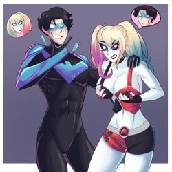 abs black_hair blonde_hair body_swap bodyswap breasts_bigger_than_head cleavage dc dc_comics dick_grayson female gender_transformation genderswap_(ftm) genderswap_(mtf) harley_quinn male nightwing pale_skin rule_63 short_shorts superhero superhero_costume supervillain_costume supervillainess tagme tank_top verteeg