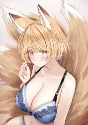 animal_ears blonde_hair blue_bra blush bra breasts cleavage closed_mouth female fox_ears fox_tail highres horny large_breasts looking_at_viewer multiple_tails navel ran_yakumo sarasadou_dan short_hair slit_pupils solo tail touhou underwear underwear_only yakumo_ran yellow_eyes