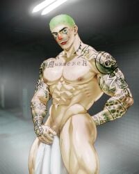 arkham_asylum bara bara_tits batman:_arkham_asylum batman_(series) green_hair huge_pecs jokerization male_only muscular muscular_male muscular_thighs prison prisoner shower tattoo tattooed_arm