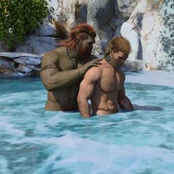 1human 1orc 2boys 2males 3d 3d_(artwork) 3d_model flaccid flaccid_cock flaccid_penis friendly friends friendship ginger ginger_hair green_eyes human in_water male_only naked naked_male nonsexual nonsexual_nudity nude nude_male oc orc orc_male original original_characters outdoor_nudity red_hair slave_collar waterfall wereorc_(artist) wholesome