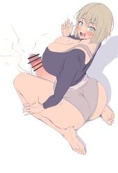 ass bar_censor barefoot black_sweater blonde_hair bra calvin_klein censored commentary_request cum cum_in_mouth cum_on_body cum_on_floor cum_on_hands cum_string erection female fingernails futanari green_eyes grey_bra grey_pants highres huge_ass huge_cock looking_at_viewer looking_back original pants penis pointless_censoring seiza shadow short_hair sitting solo surprised sweatdrop sweater teeth toes underwear veins veiny_penis yana_(nekoarashi)