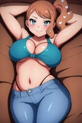 ai_generated arms_over_head big_breasts blue_jeans blush busty cleavage creatures_(company) crop_top curvy facing_viewer female female_only game_freak hair_ornament heart_hair_ornament hi_res highres jeans lying lying_on_back navel nintendo orange_hair pokemon pokemon_(game) pokemon_ss pokemon_trainer ponytail posing seraphim_ai smile solo sonia_(pokemon) stable_diffusion thong_panties tied_shirt tight_jeans