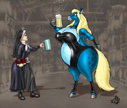 2019 anthro ass_bigger_than_head beer big_ass big_belly big_breasts blonde_hair blue_pony breasts_bigger_than_head carrie_nation choker colored female fuusenroba horse inflation nun tagme tail