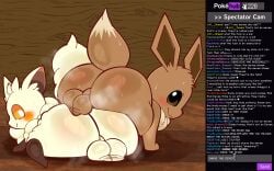 absurd_res anthro ass balls big_butt blush bodily_fluids brown_body brown_fur cremis eevee english_text feral feral_on_feral fur gay generation_1_pokemon genitals heart_after_text hi_res livestream looking_at_viewer looking_back male/male musk musk_clouds nintendo pal_(species) palworld pokemon pokemon_(species) pornhub shave softestpuffss stream_chat sweat sweaty_balls sweaty_butt sweaty_genitalia text the white_body white_fur