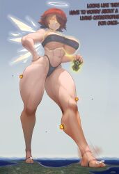 1girls ai_generated arknights breast_expansion city dspaceous english_text exusiai_(arknights) full_body giantess glowing_eyes growth implied_death large_breasts muscular smug solo solo_female thong tubetop