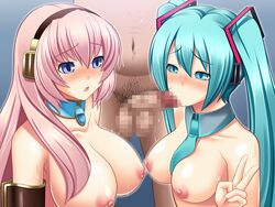 1boy 2d 2girls :>= areolae bangs big_breasts blue_background blue_eyes blue_hair blue_necktie blush breasts censored censored_penis color dark-skinned_male dark_skin detached_collar eyebrows_visible_through_hair fellatio gradient_background hatsune_miku long_hair megurine_luka miyamaya mosaic_censoring navel necktie nipples open_mouth penis pink_hair pubic_hair simple_background sweat twintails v_sign vocaloid