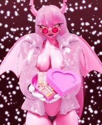 1girls 3d 3d_(artwork) 3d_model big_breasts bysamzan coat condom_packet_strip condoms demon demon_girl gift gift_box glasses heart_container helluva_boss horns horny large_thighs lust lustful_gaze no_bra no_shirt practically_nude shwazy_(artist) succubus succubus_horns succubus_wings valentine's_day verosika_mayday_(helluva_boss) wings