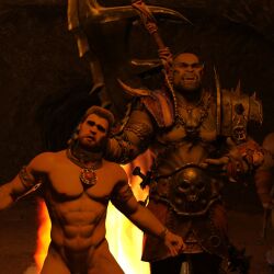 1human 2boys 2males 2orcs 3d 3d_(artwork) 3d_model about_to_be_raped captive cavern clothed_male_nude_male defeated_male fire helpless_male human_slave humiliating male/male male_focus male_only muscles muscular muscular_male oc offering_to_another original original_characters prisoner_of_war slave_collar unable_to_escape wereorc_(artist) whored_out