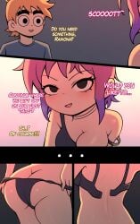 1boy 1girls accurate_art_style back_view black_eyes black_underwear comic comic_page female male niui orange_hair panties pink_hair purple_hair ramona_flowers scott_pilgrim scott_w_pilgrim short_hair strap_slip two_tone_hair underwear undressing