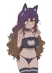 !? :< alternate_costume animal_ear_fluff animal_ear_hairband animal_ears bell black_bra black_choker black_hairband black_panties black_thighhighs blush bra breasts brown_hair cachemerro cat_cutout cat_ear_panties cat_ears cat_lingerie choker cleavage_cutout closed_mouth clothing_cutout commentary cowboy_shot fake_animal_ears female frilled_bra frills gradient_hair hairband hijiri_byakuren jingle_bell large_breasts long_hair looking_afar medium_bangs meme_attire multicolored_hair navel neck_bell panties purple_hair side-tie_panties simple_background skindentation solo thighhighs touhou underwear underwear_only very_long_hair white_background yellow_eyes