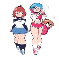 1boy 2girls black_eyes blue_hair blush bra bracelet breasts brown_hair freckles goodbyellow jacket kim_pine looking_at_another pac-man_eyes purse ramona_flowers red_hair scott_pilgrim scott_w_pilgrim shirt shirt_lift short_hair shorts skirt sneakers socks tagme thick_thighs wide_hips