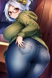 ai_generated ass_focus big_ass blue_jeans blush busty curvy female female female_only from_behind glasses gray_hair hair_ornament hand_on_ass hi_res highres hoodie huge_ass jeans nintendo purah purah_(tears_of_the_kingdom) seraphim_ai smile solo stable_diffusion tears_of_the_kingdom the_legend_of_zelda thick_thighs tight_jeans