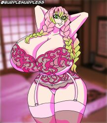 1girls burplenurpless demon_slayer green_eyes green_hair huge_breasts kanroji_mitsuri kimetsu_no_yaiba multicolored_hair pink_hair pink_lingerie seductive_pose